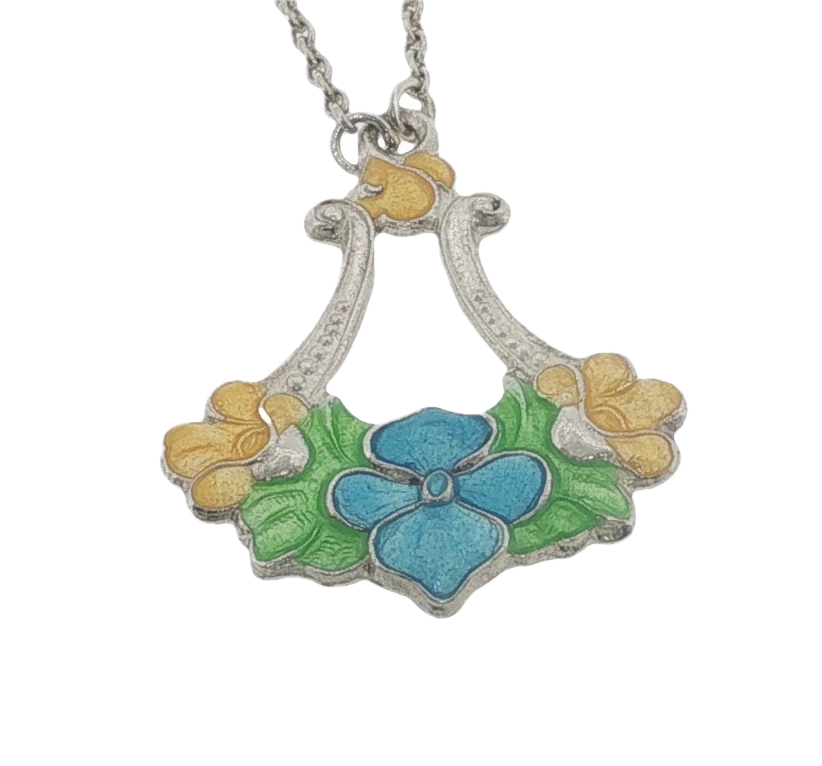 Vintage Silver Enamel Flower Bouquet Pendant & Chain