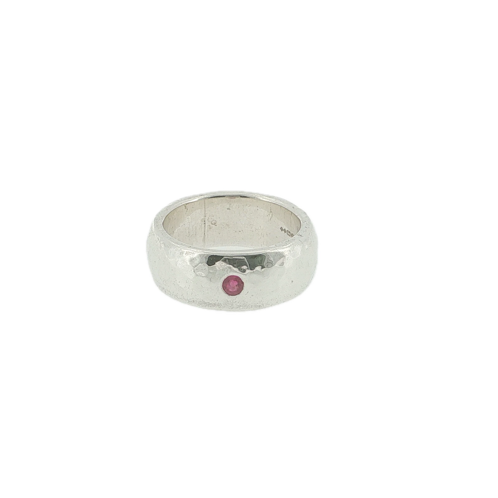 Vintage Heavy Sterling Silver Garnet Textured Natural Gemstone Ring