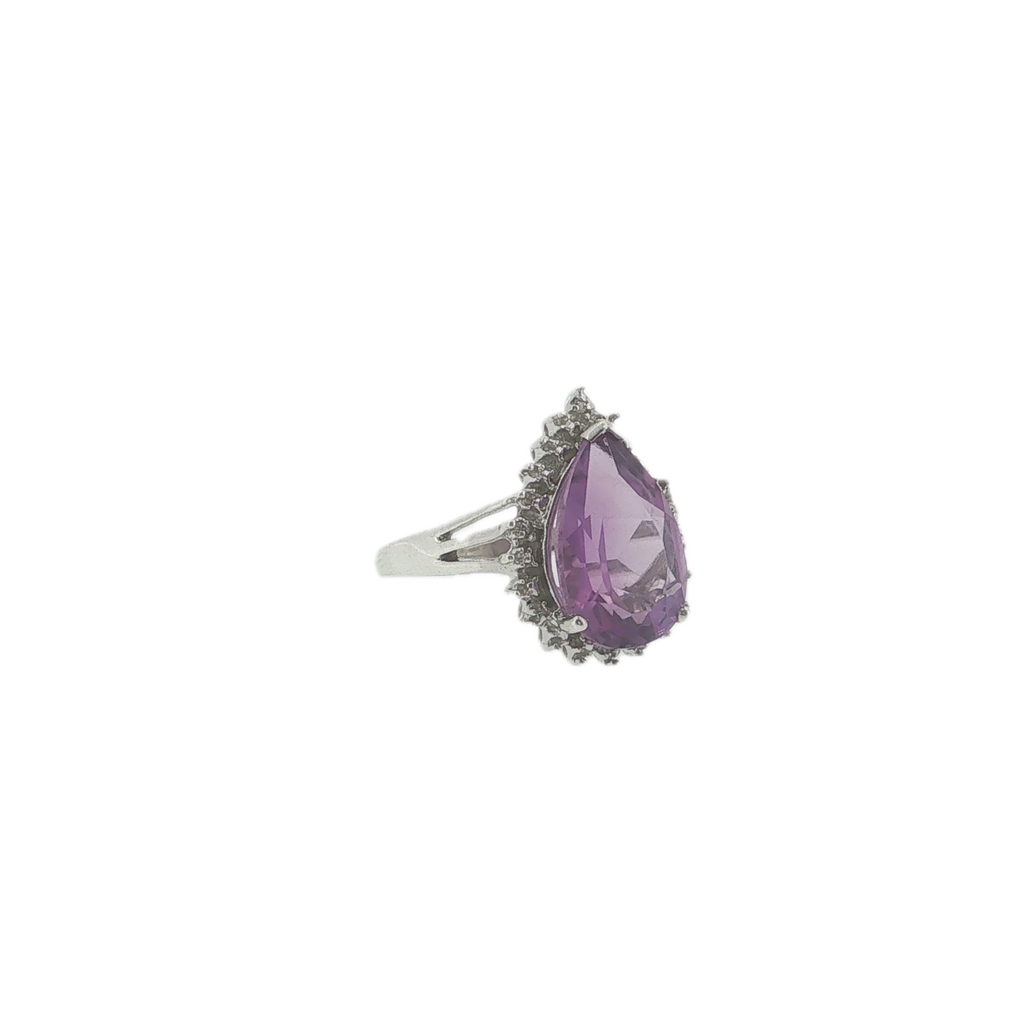 Vintage Sterling Silver Pear-Shaped Amethyst & Diamond Ring