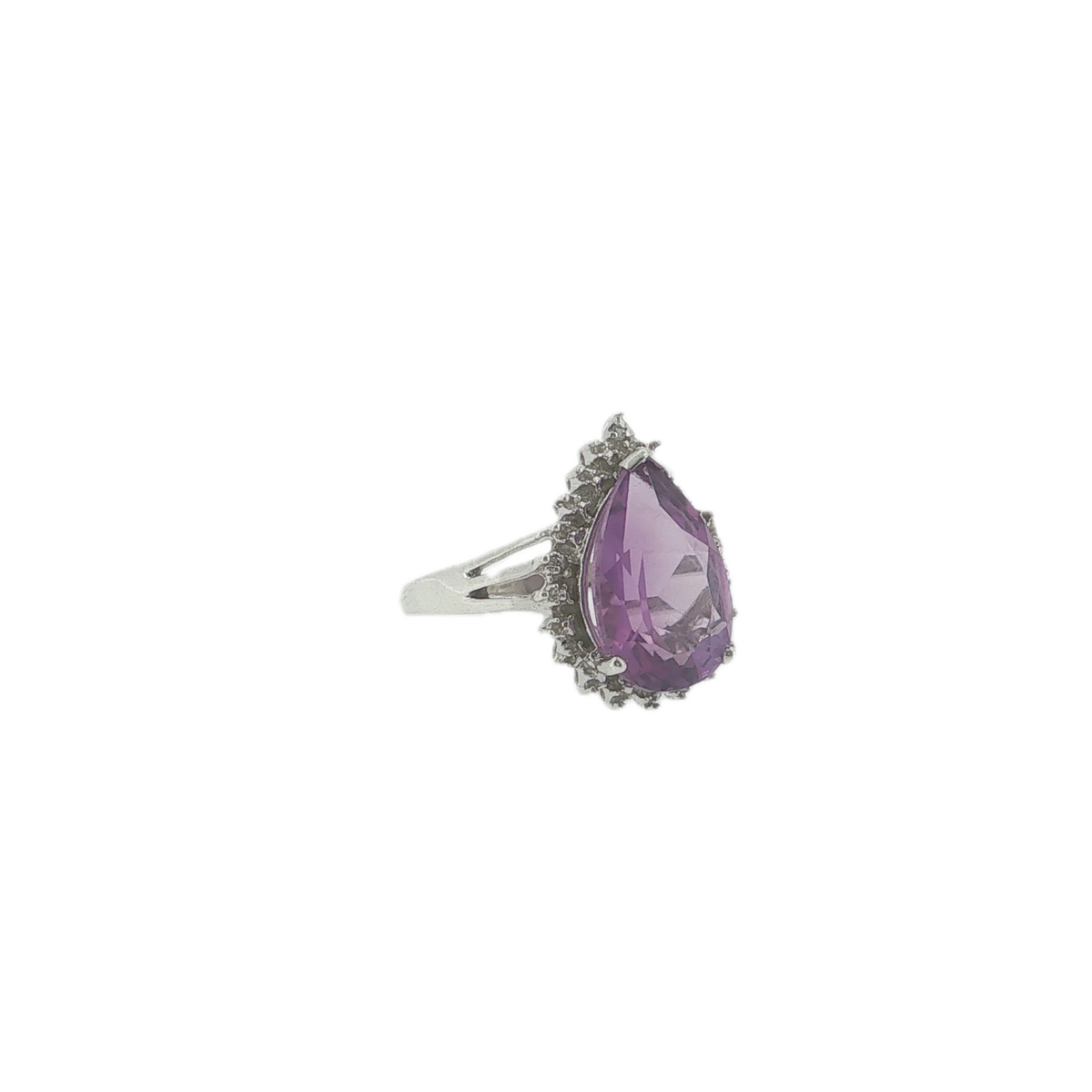 Vintage Sterling Silver Pear-Shaped Amethyst & Diamond Ring