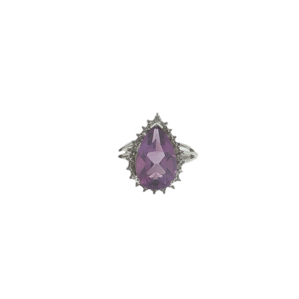 Vintage Sterling Silver Pear-Shaped Amethyst & Diamond Ring