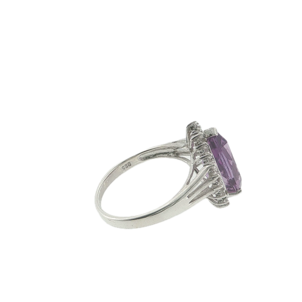 Vintage Sterling Silver Pear-Shaped Amethyst & Diamond Ring