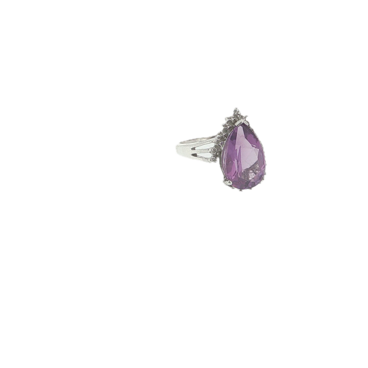 Vintage Sterling Silver Pear-Shaped Amethyst & Diamond Ring