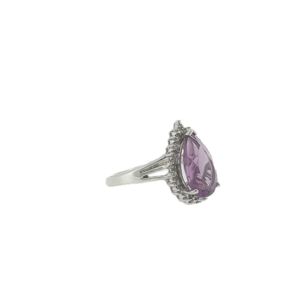 Vintage Sterling Silver Pear-Shaped Amethyst & Diamond Ring