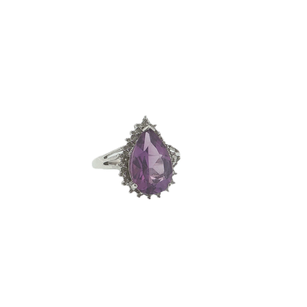 Vintage Sterling Silver Pear-Shaped Amethyst & Diamond Ring