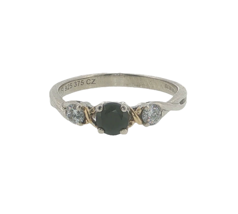 Sterling Silver & 9ct Gold Black Onyx CZ Ring