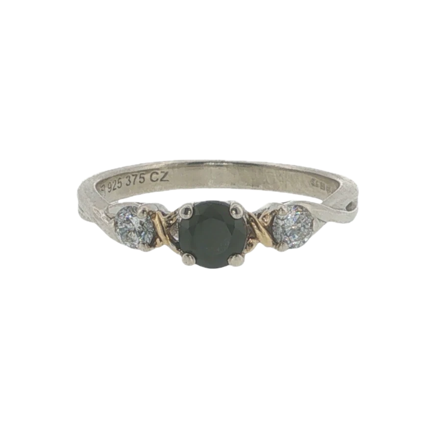 Sterling Silver & 9ct Gold Black Onyx CZ Ring