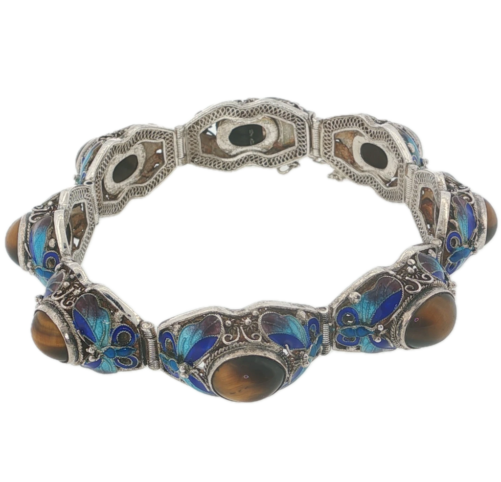 Vintage Chinese Export Sterling Silver Enamel Butterfly Tiger’s Eye Bracelet