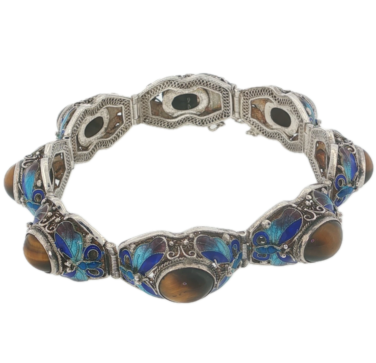 Vintage Chinese Export Sterling Silver Enamel Butterfly Tiger’s Eye Bracelet