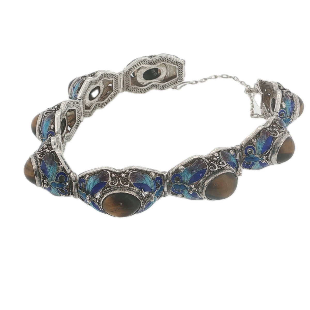 Vintage Chinese Export Sterling Silver Enamel Butterfly Tiger’s Eye Bracelet