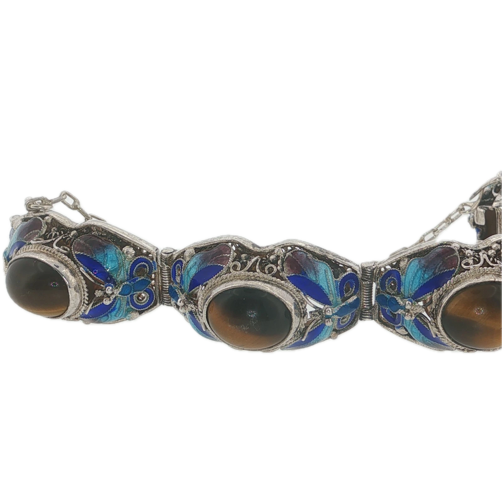 Vintage Chinese Export Sterling Silver Enamel Butterfly Tiger’s Eye Bracelet