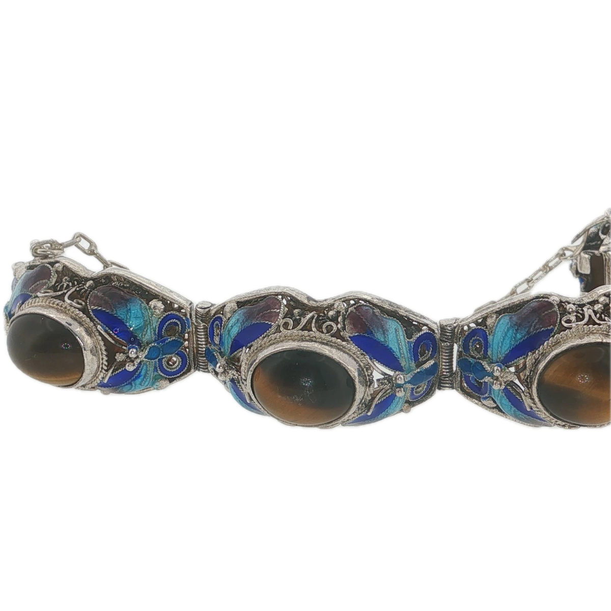 Vintage Chinese Export Sterling Silver Enamel Butterfly Tiger’s Eye Bracelet