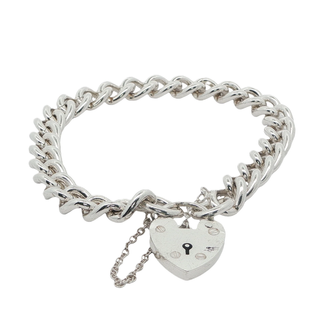 Vintage Sterling Silver Solid Link Curb Padlock Bracelet