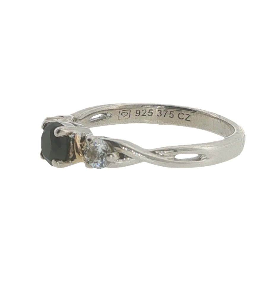 Sterling Silver & 9ct Gold Black Onyx CZ Ring